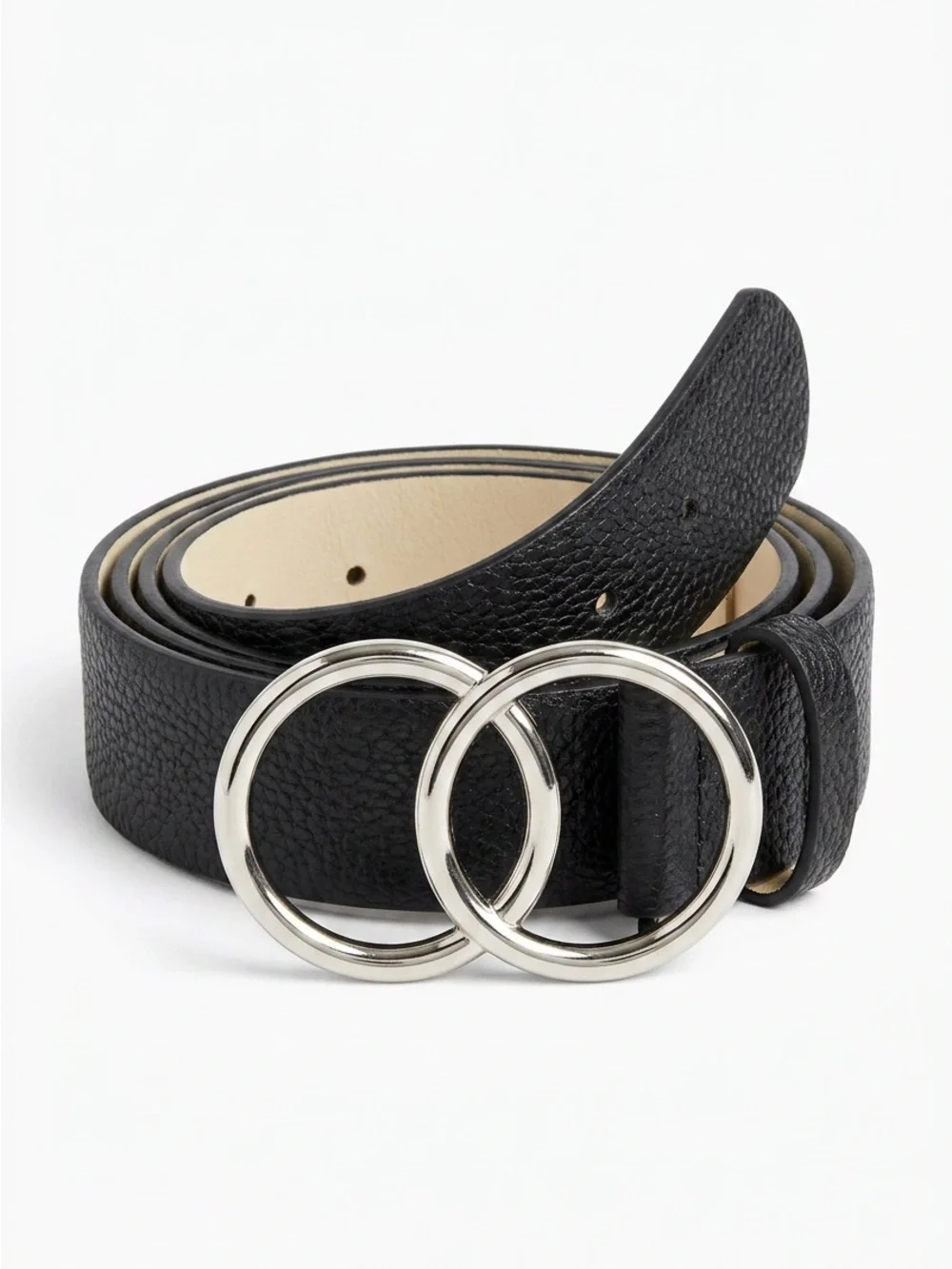 Women's Black Double-Ring Faux Leather Belt with Silver Buckles